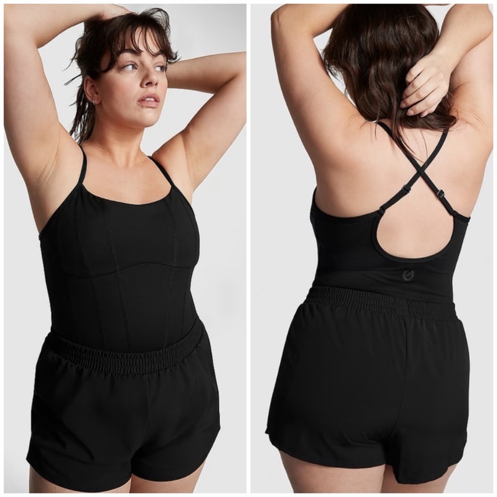 VS Pink Ultimate Runsie Romper One-Piece Activewear Combo Bodysuit Onesie Black